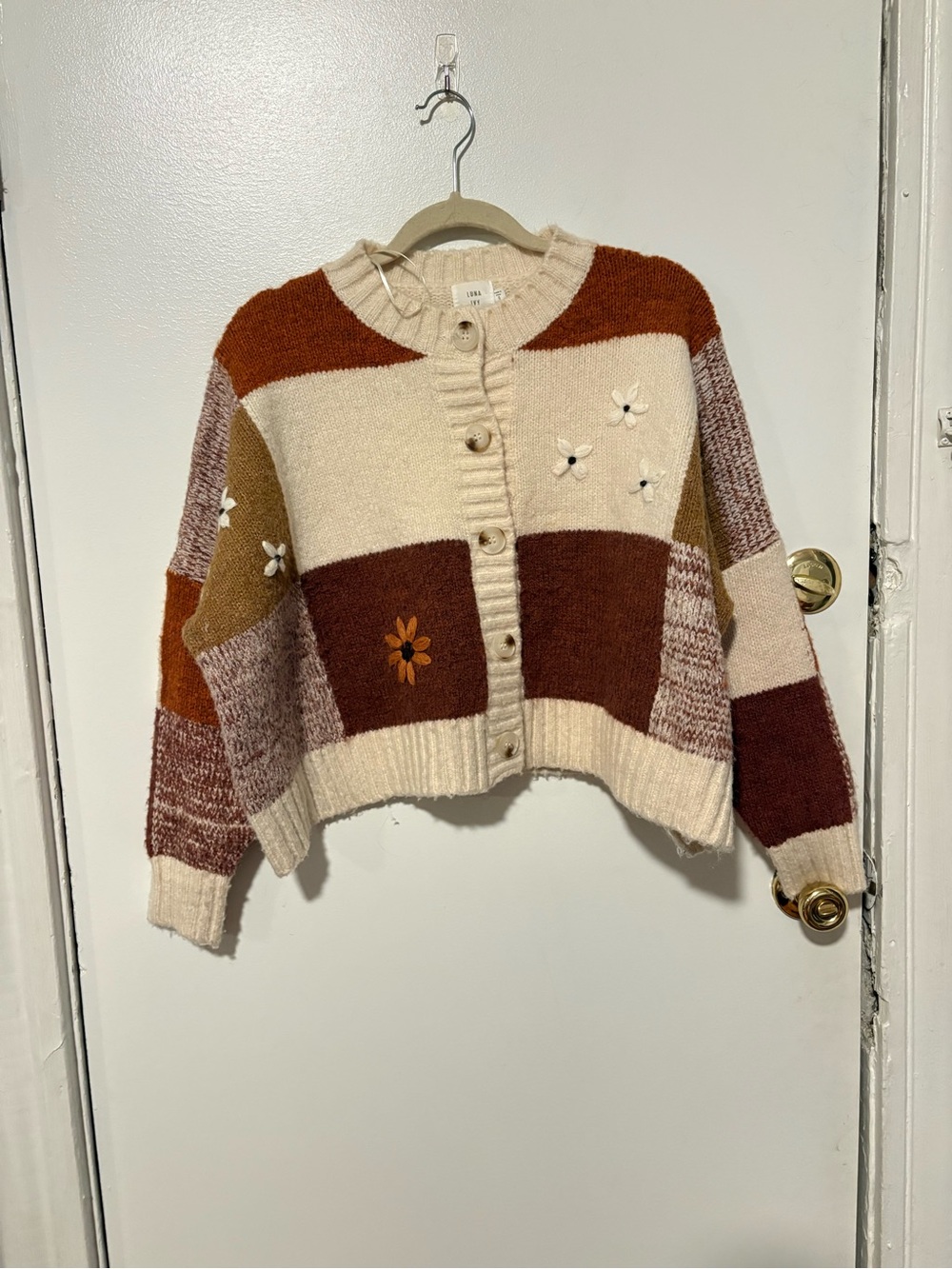 Granola girl boho cute patchwork cardigan with flowers small